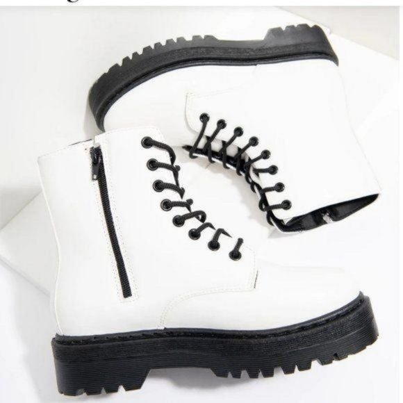 !! RESTOCKED !! White Vegan Leather Lace Up Combat Boots - Picture 4 of 11